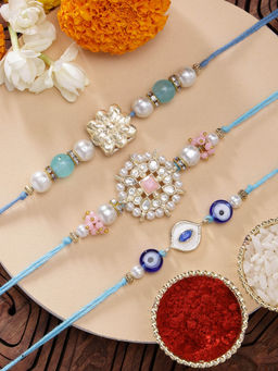 Karatcart - Set Of 3 Minakaris Evil Eye Kundan Rakhi'S with Roli Chawal