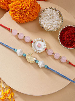 Karatcart - Set Of 2 Beads Fish Kundan Rakhi with Roli Chawal