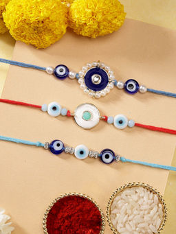 Karatcart - Set Of 3 Minakaris Evil Eye Kundan Rakhi'S with Roli Chawal