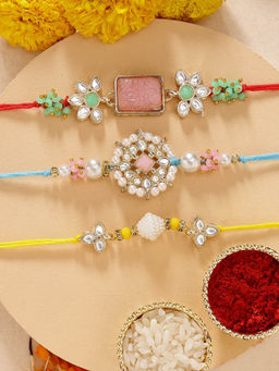 Karatcart - Set Of 3 Carved Stone Kundan Rakhi'S with Roli Chawal