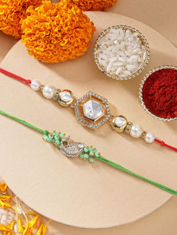 Karatcart - Set Of 2 Fish Polka Kundan Pearl Rakhi with Roli Chawal