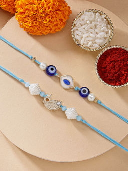 Karatcart - Set Of 2 Meena Evil Eye and Fish Kundan Rakhi with Roli Chawal
