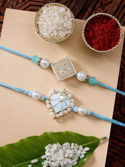 Karatcart - Set Of 2 Meena Heart Shape Kundan Rakhi with Roli Chawal