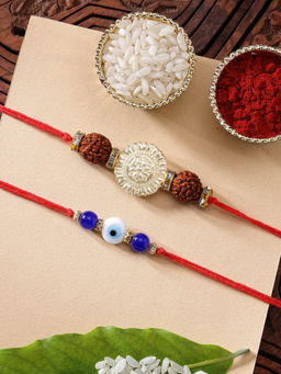Karatcart - Set Of 2 Evil Eye and Rudraksh Rakhi with Roli Chawal