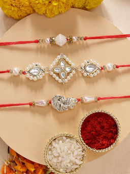 Karatcart - Set Of 3 Peacock Design Pearl Kundan Rakhi'S with Roli Chawal