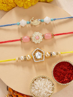 Karatcart - Set Of 3 Handmade Polka Kundan Rakhi'S with Roli Chawal