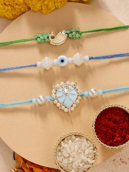 Karatcart - Set Of 3 Fish and Evil Eye Kundan Rakhi'S with Roli Chawal