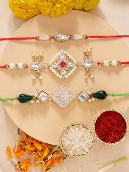 Karatcart - Set Of 3 Floral Design Pearl Kundan Rakhi'S with Roli Chawal
