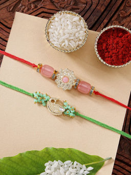 Karatcart - Set Of 2 Stone Fish Kundan Rakhi with Roli Chawal