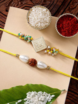 Karatcart - Set Of 2 Crystal and Rudraksh Kundan Rakhi with Roli Chawal