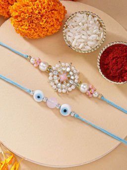 Karatcart - Set Of 2 Evil Eye and Floral Kundan Rakhi with Roli Chawal