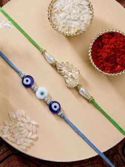 Karatcart - Set Of 2 Evil Eye and Peacock Rakhi with Roli Chawal