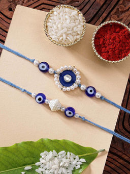 Karatcart - Set Of 2 Blue Meena Evil Eye Kundan Rakhi with Roli Chawal
