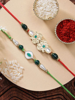 Karatcart - Set Of 2 Meena Evil Eye Kundan Rakhi with Roli Chawal