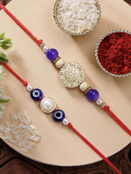 Karatcart - Set Of 2 Evil Eye and Pearl Kundan Rakhi with Roli Chawal