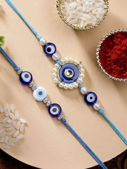 Karatcart - Set Of 2 Evil Eye and Pearl Kundan Rakhi with Roli Chawal