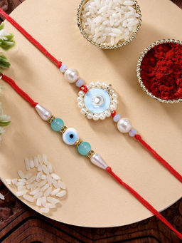 Karatcart - Set Of 2 Light Blue Evil Eye Kundan Rakhi with Roli Chawal