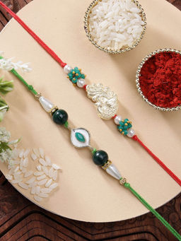 Karatcart - Set Of 2 Evil Eye Peacock Kundan Rakhi with Roli Chawal