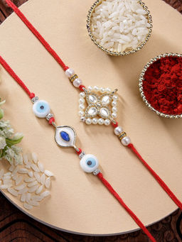 Karatcart - Set Of 2 Evil Eye Minakaris Kundan Rakhi with Roli Chawal