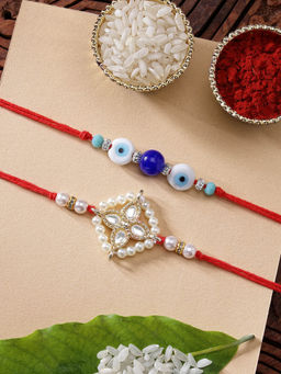 Karatcart - Set Of 2 Bead Evil Eye Meena Kundan Rakhi with Roli Chawal