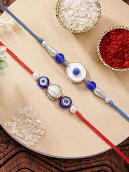 Karatcart - Set Of 2 Evil Eye and Pearl Kundan Rakhi with Roli Chawal