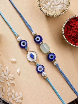 Karatcart - Set Of 2 Evil Eye Green Bead Kundan Rakhi with Roli Chawal