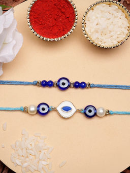 Karatcart - Set Of 2 Evil Eye Minakaris Kundan Rakhi with Roli Chawal