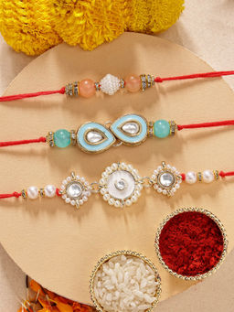 Karatcart - Set Of 3 Minakaris Floral Kundan Rakhi'S with Roli Chawal