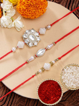Karatcart - Set Of 3 Floral Pearl and Kundan Rakhi'S with Roli Chawal