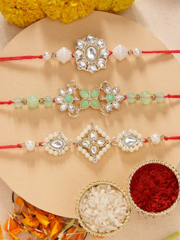 Karatcart - Set Of 3 Floral Pearl and Kundan Rakhi'S with Roli Chawal
