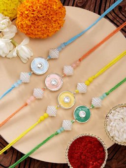 Karatcart - Set Of 4 Minakaris Evil Eye Kundan Rakhi'S with Roli Chawal