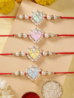 Karatcart - Set Of 4 Minakaris Heart Shape Kundan Rakhi'S with Roli Chawal
