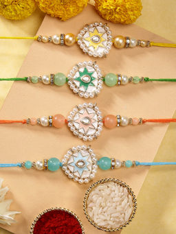 Karatcart - Set Of 4 Minakaris Heart Shape Kundan Rakhi'S with Roli Chawal