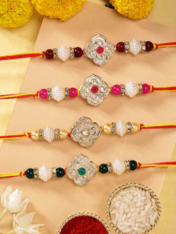 Karatcart - Set Of 4 Floral Design Multicolor Kundan Rakhi with Roli Chawal