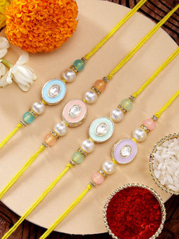 Karatcart - Set Of 4 Multicolor Minakaris Kundan Rakhi'S with Roli Chawal