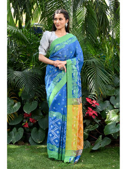 Beatitude - Blue Handloom Cotton Silk Saree with Unstitched Blouse
