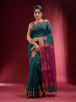 CHARUKRITI - Teal with Geometric Pattern and Contrast Pallu Saree with Unstitched Blouse