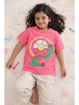 Tales & Stories - Pink Floral Half Sleeves Round Neck T-Shirt