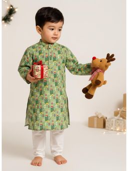VASTRARTH - Green Floral Full Sleeves Mandarin Neck Kurta And Pyjama