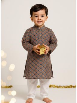 VASTRARTH - Navy Blue Printed Full Sleeves Mandarin Neck Kurta And Pyjama