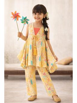 Tales & Stories - Yellow Printed Sleeveless V-Neck Co-ord Set