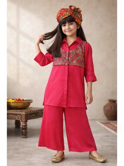 Tales & Stories - Pink Printed Full Sleeves Collar Neck Shirt And Jacket With Palazzo