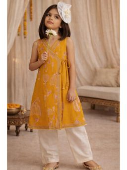 Tales & Stories - Yellow Printed Sleeveless V-Neck Kurta And Pant