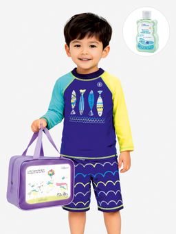 Little Surprise Box - Blue Colorblock Full Sleeves High Neck Swimsuit Sets