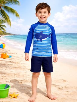 Little Surprise Box - Blue Colorblock Full Sleeves Round Neck Swimsuit Sets