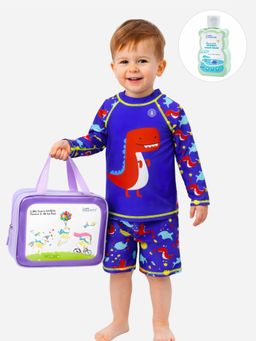 Little Surprise Box - Blue Printed Full Sleeves Round Neck Swimsuit Sets