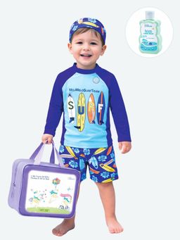 Little Surprise Box - Blue Printed Full Sleeves Round Neck Swimsuit Sets