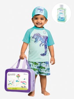 Little Surprise Box - Blue Printed Half Sleeves Round Neck Swimsuit Sets