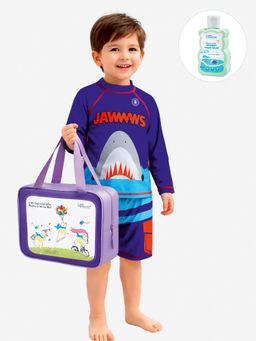 Little Surprise Box - Navy Blue Printed Full Sleeves Round Neck Swimsuit Sets