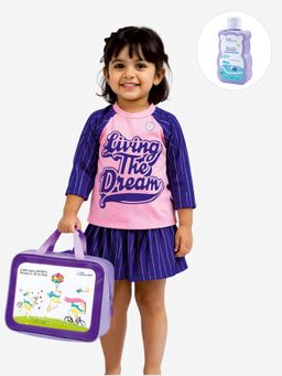 Little Surprise Box - Navy Blue Typography Full Sleeves Round Neck Swimsuit Sets